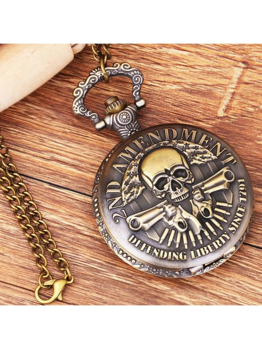 Men's Brown Engraved Cowboys Arabic Numerals Skull Bronze Chain Pocket Watch